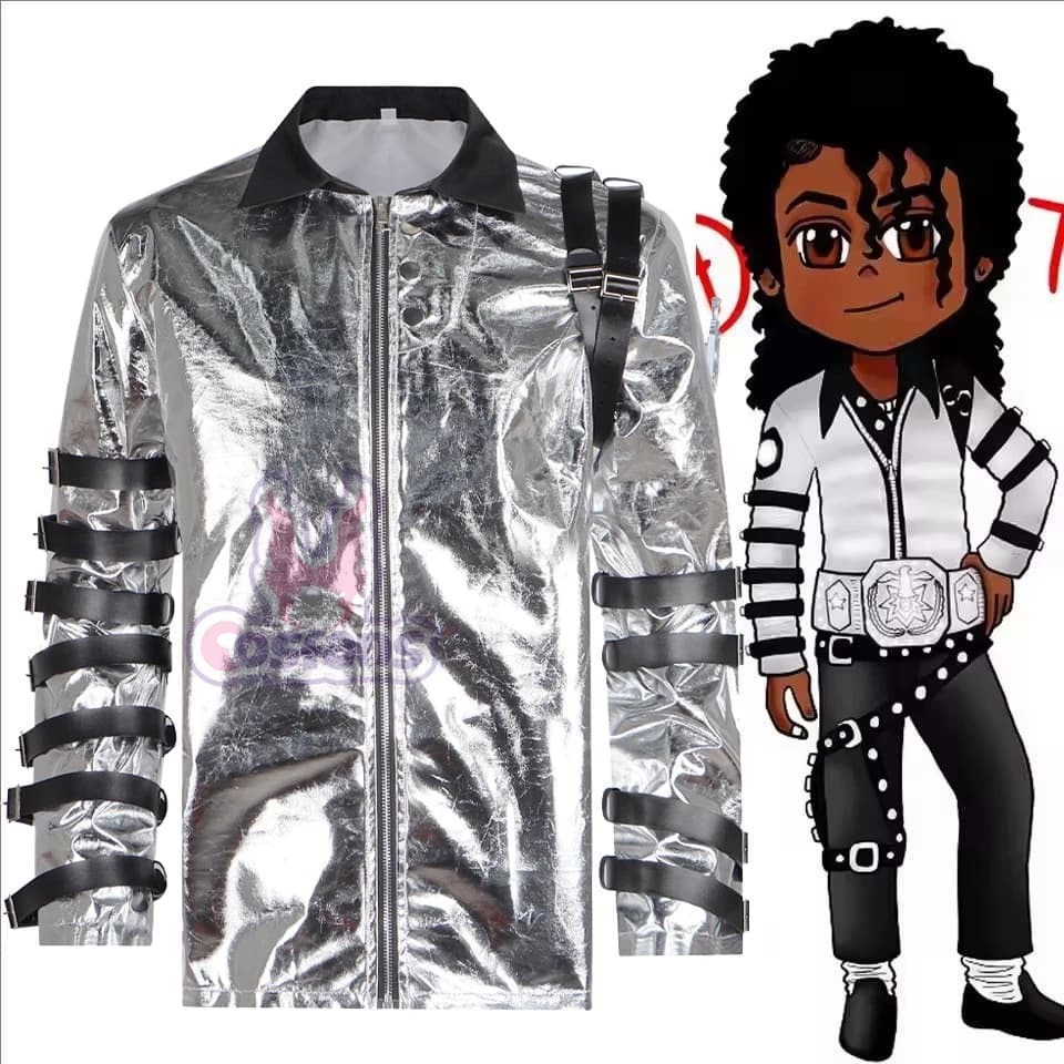 Costume da Michael Jackson, Giacca del tour BAD, Body Argentato, Giacca Esterna per Collezione, Halloween, Feste a Tema, Top