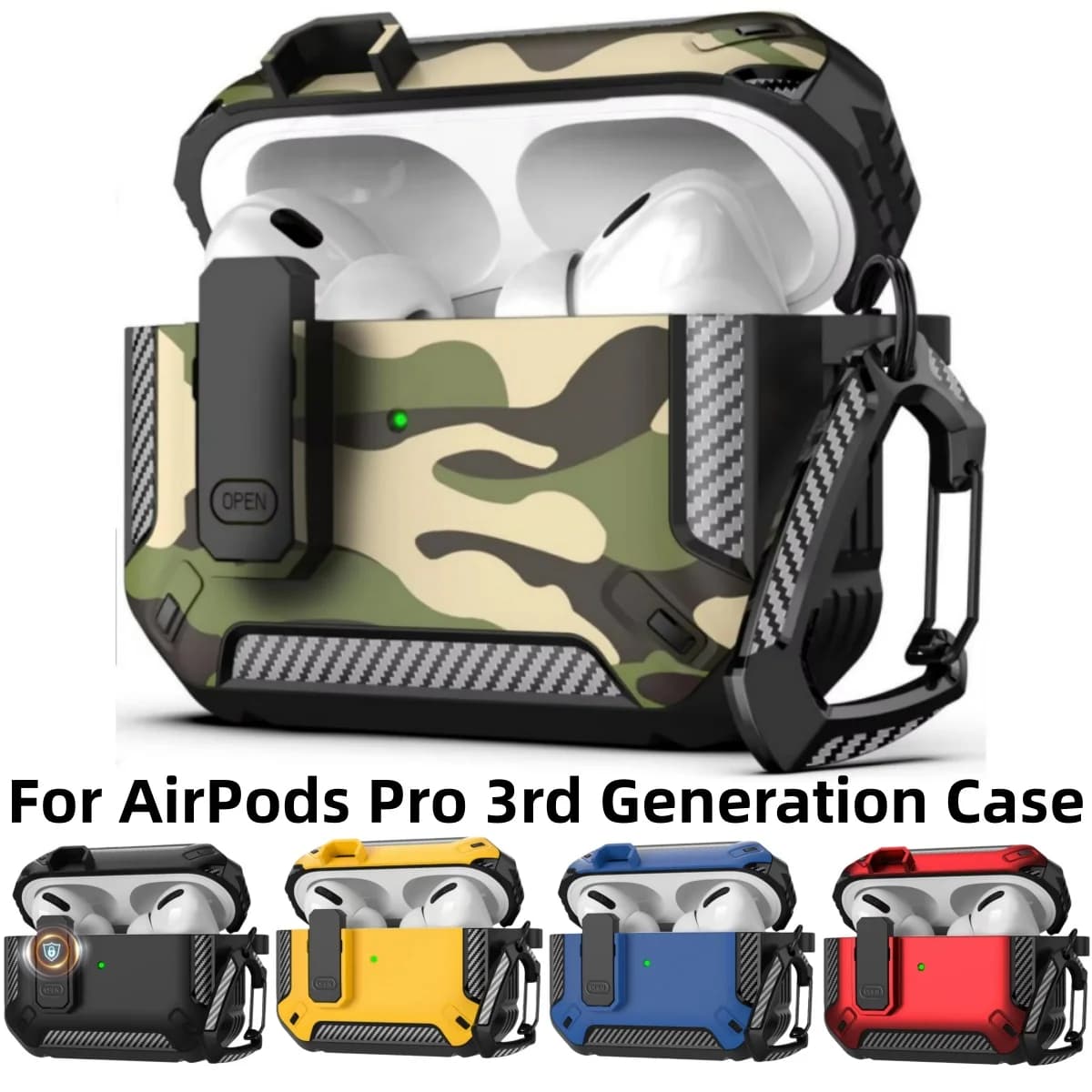 Custodia Protettiva Verde Mimetico per AirPods Pro 3 con Chiusura di Sicurezza, Robusta e Antiurto, per Uomo, Stile Militare