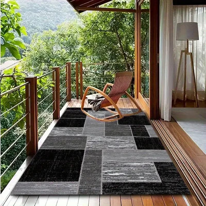 Tappetino per esterni con motivo geometrico grigio nero grande, balcone, cortile a bordo piscina, durevole, rettangolare, design moderno per esterni