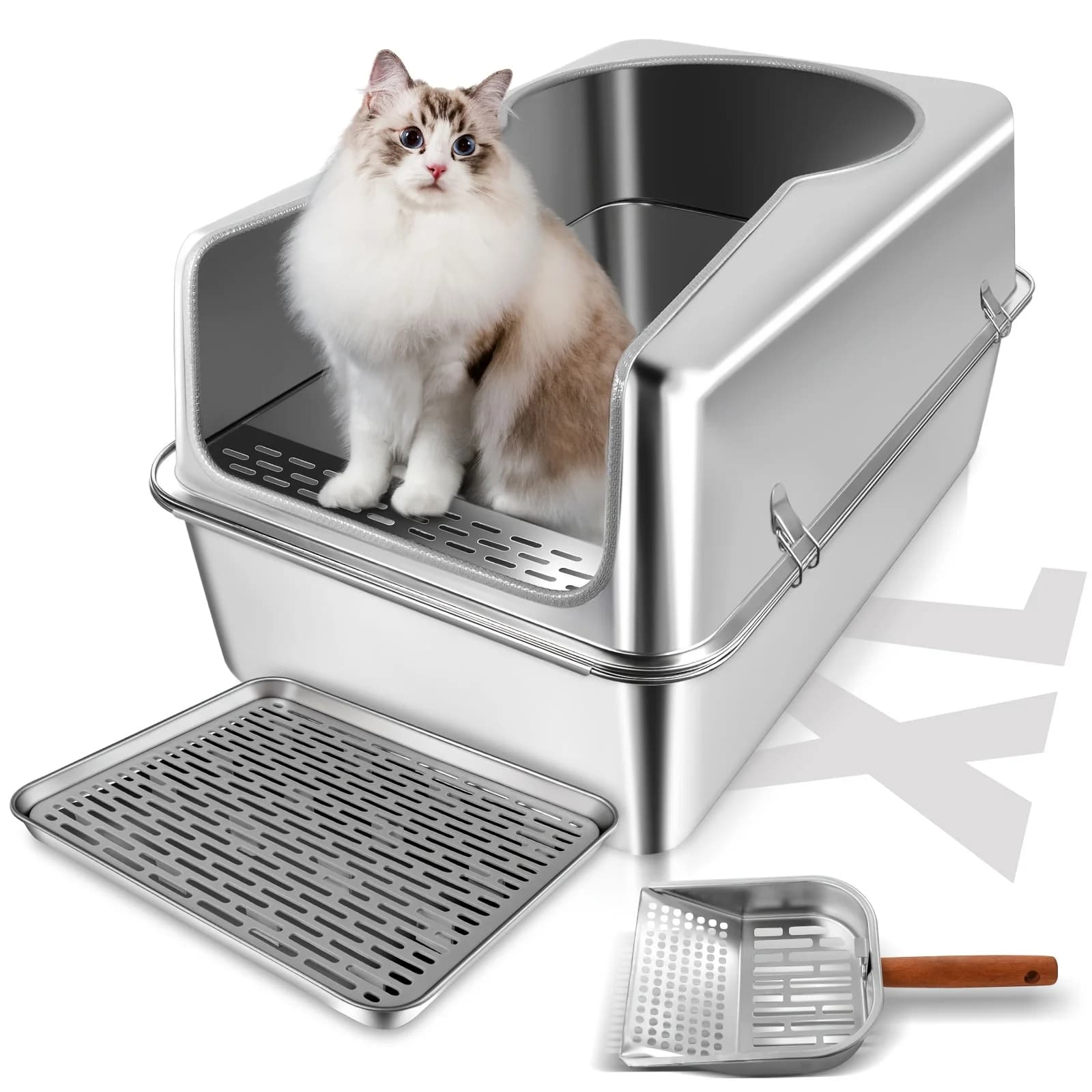 Extra Large Stainless Steel Cat Litter Box with Stainless Steel Scoop And Footrest, with Splash Guard - Semi-open, Sand-proof Design, Easy to Clean JUYHGV