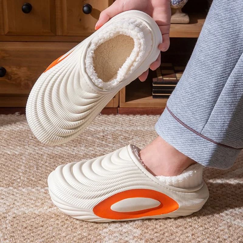 Thick Bottom Waterproof Closed Toe Warm Slippers Men Winter Fleece-lined Indoor Non Slip Shoes Women Plus Size Soft Plush Slides