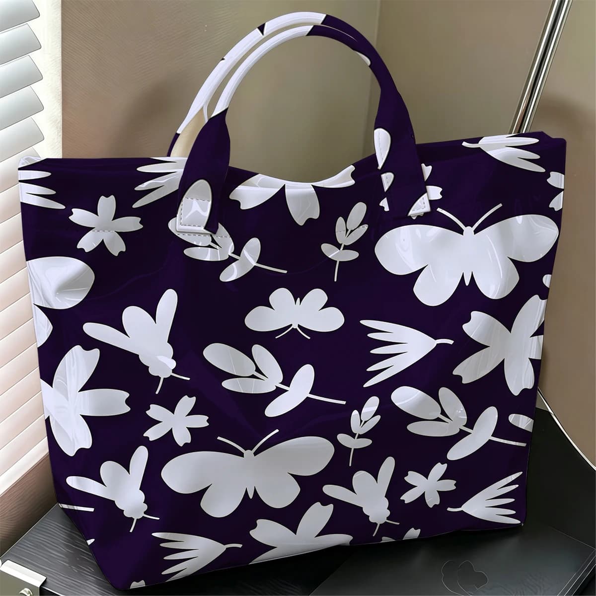 Dark Floral Butterfly Fashion Large Glossy PVC Tote Bag Hand Washable Waterproof Perfect Travel Commute Cosmetic Storage Shopper