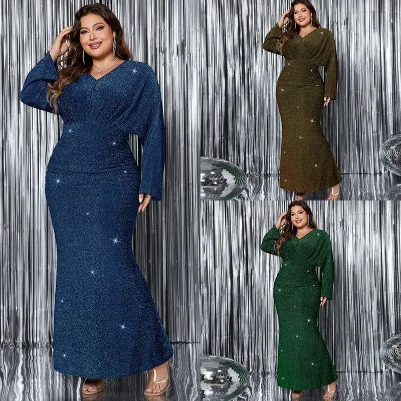 Sexy Sparkling Long Evening Dress V-Neck Long Sleeve Fish Tail Evening Gown plus Size Casual Print Polyester Fiber Long Skirt