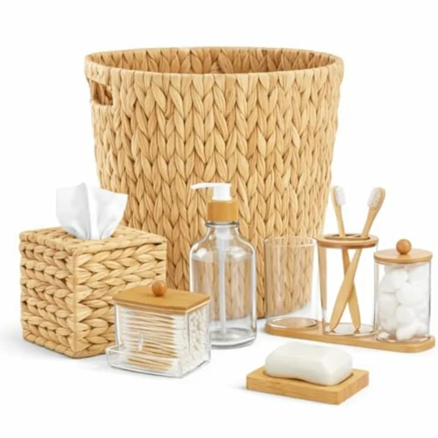 Set da Bagno in Vimini Intrecciato a Mano 9 Pezzi, Giacinto d'Acqua Naturale, Contenitore da 5L/4 Galloni con Porta Fazzoletti, Dispenser Sapone, Porta Spazzolino