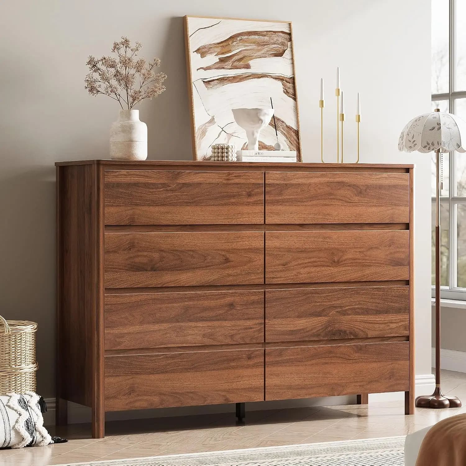 Walnut 8 Drawer Dresser, 55" Wide Chest with Hidden Handles, Fluted Wood TV Stand for Bedroom Living Room, Customized