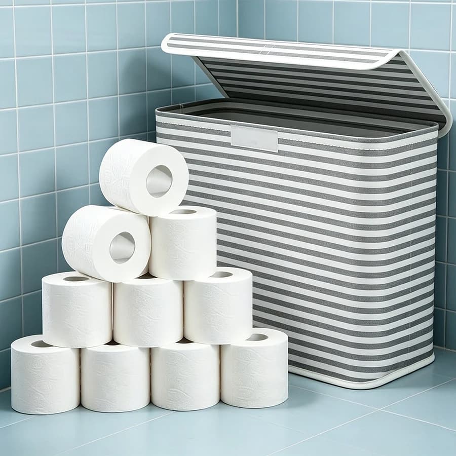 Striped Fabric Toilet Paper Storage Bin with Lid, Large Capacity Foldable Waterproof Toilet Tissue Holder Basket for Bathroom