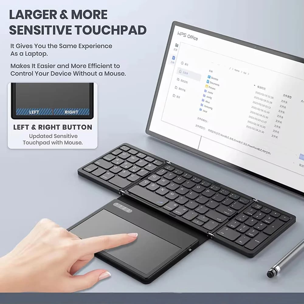 Rechargeable Tri-Bluetooth Wireless Touchpad Keyboard,Portable 81 Keys Full Size Wireless Folding Keyboard for Window/Mac OS