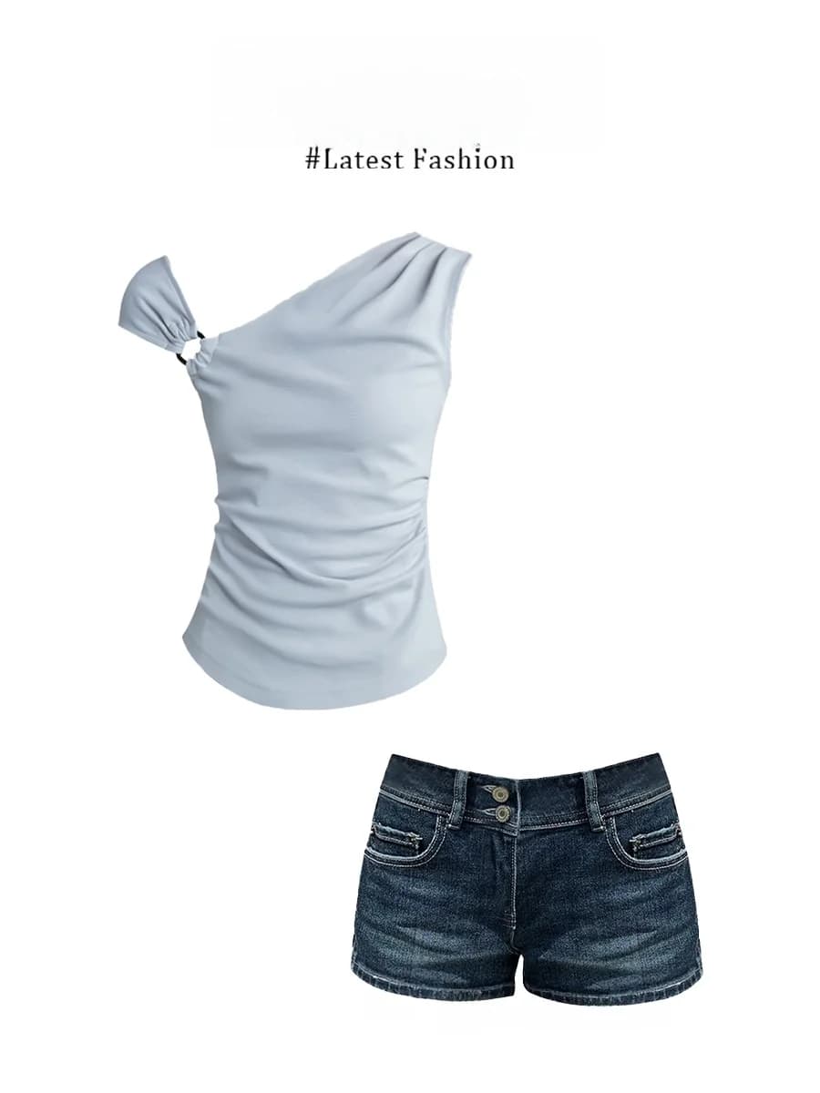 Parkyeon Summer Design Women's Irregular Waist Slimming Shoulder Top High Waist Jeans Shorts Two-Piece Set Casual Style