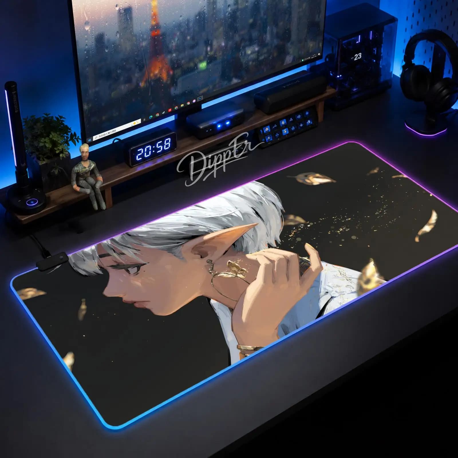 Tappetino per Mouse XXL RGB con Illustrazione del Mago dell'Acqua, Tappetino da Gioco Anime, Tappetino da Scrivania LED Retroilluminato in Gomma