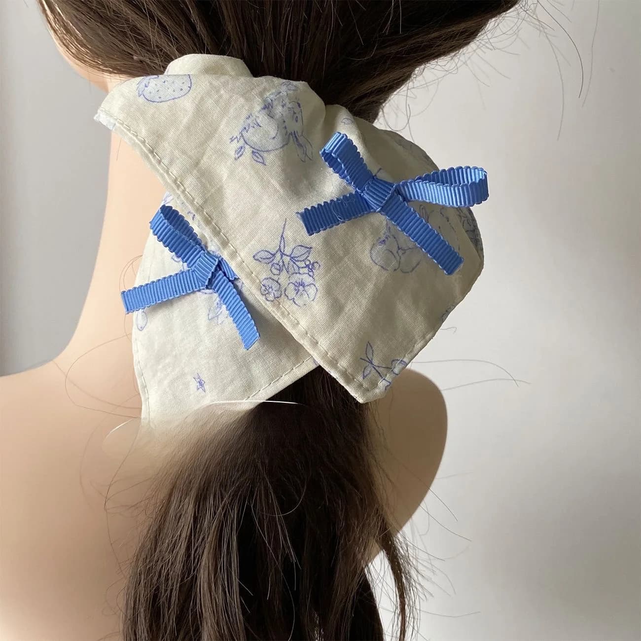 girls Scrunchy Blue Bow Square Scarf Cute Kawaii Fashionable Sweet Meatball Head Girl Heart Versatile Square Hair Accessories