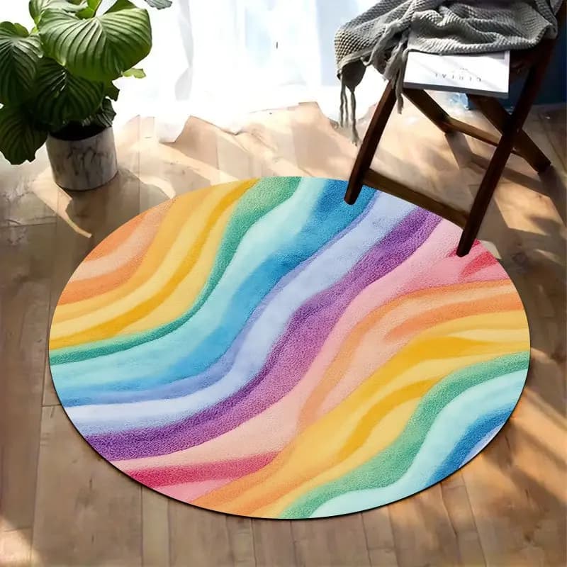 Tappeti rotondi con stampa a onde arcobaleno in flanella, antiscivolo, adatti per soggiorno, camera da letto, terrazza, giardino.