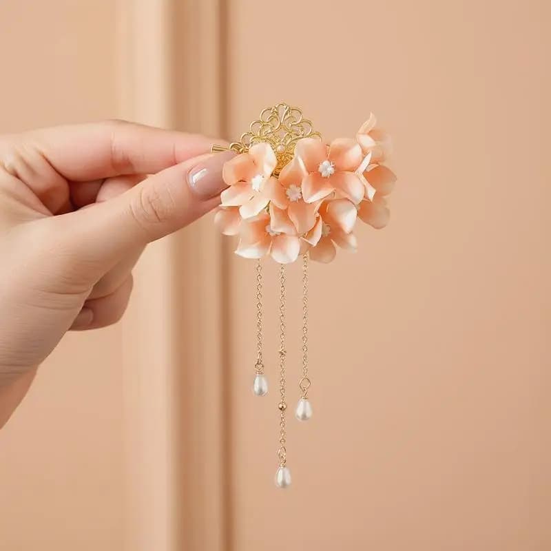 1 fermaglio per capelli con petali di fiori in tessuto e nappe di perle per donna, elegante accessorio per capelli da sposa per matrimoni e feste