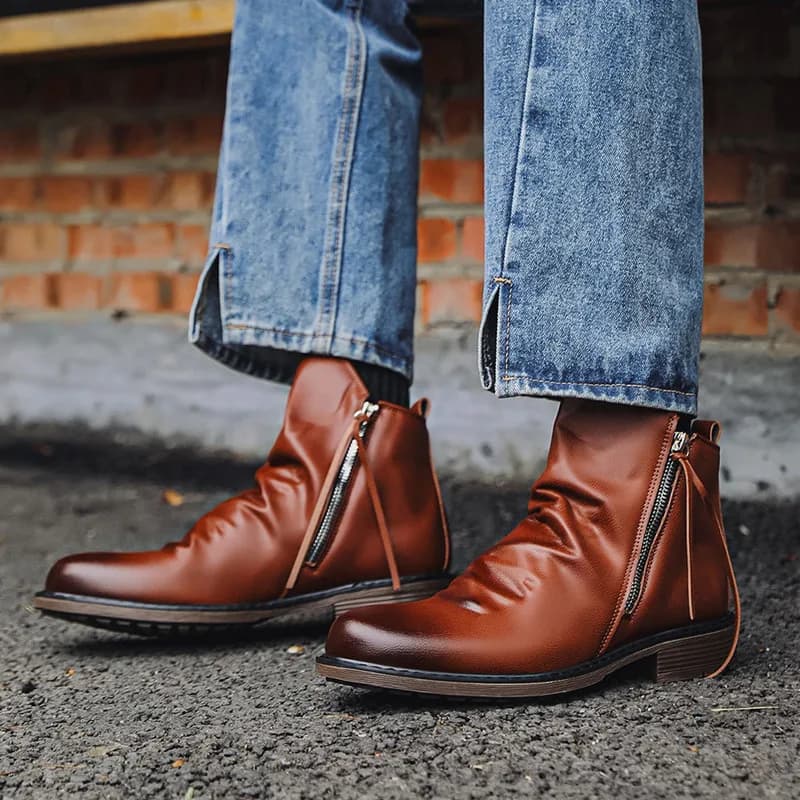 Stivali Chelsea in Pelle di Lusso da Uomo, Scarpe con Zip e Nappine, Stivaletti Autunno Inverno Comodi, Taglie Grandi 38-48