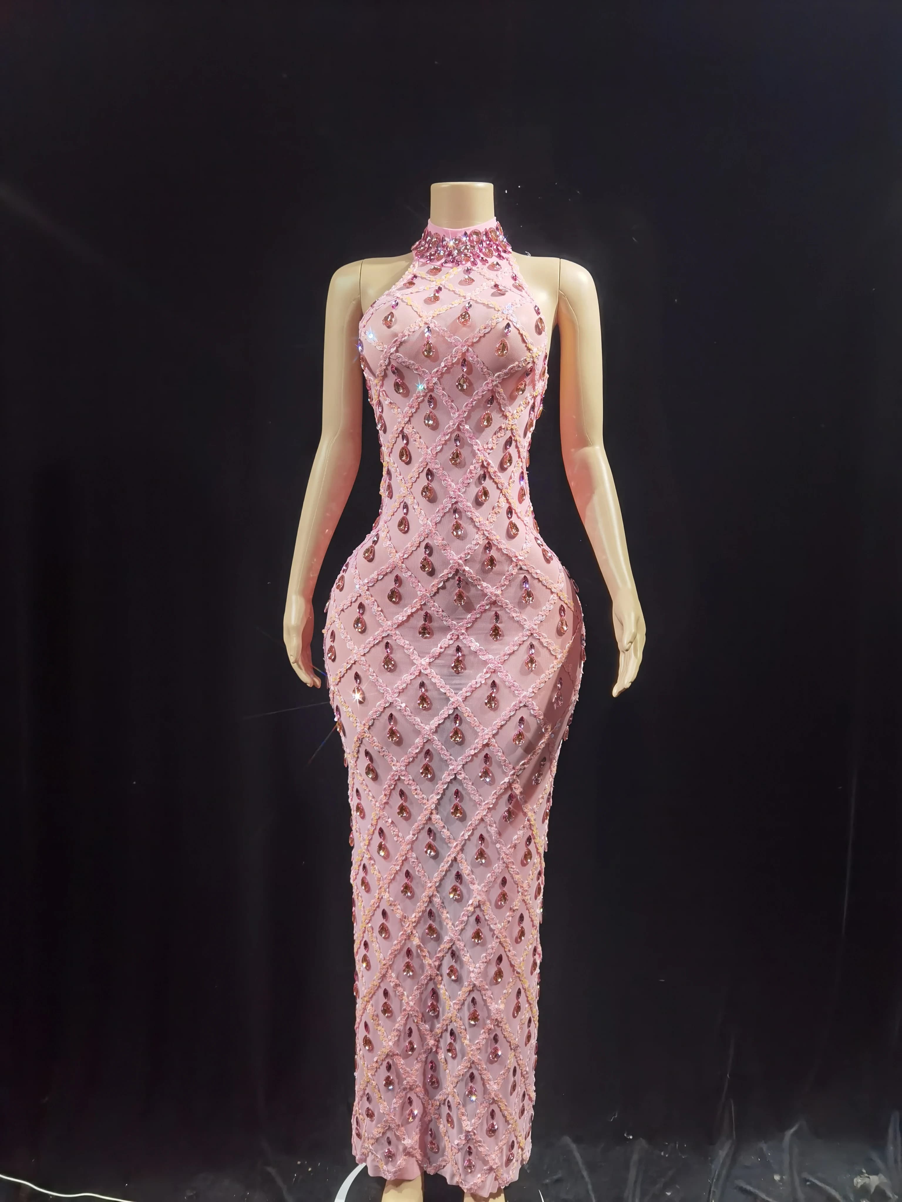 Abito lungo in cristallo con paillettes scintillanti, abito da sera da donna, palla, abito da compleanno, abbigliamento da prestazione sexy e trasparente