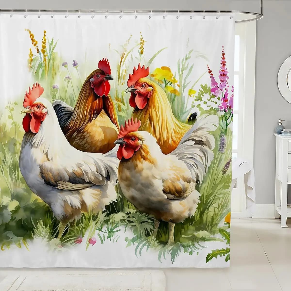 Cute Whimsical Chicken Family Shower Curtain Waterproof Bathroom Decor Farm Animal Garden Art Print Shower Liner for Modern Bath