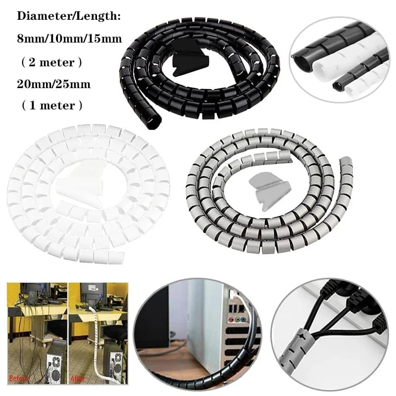 1/2 metro 8/10/15/20/25mm Spirali per cavi Avvolgere cavo ordinato Fascette per cavi Telaio Organizzatore di stoccaggio PC TV Filo di avvolgimento Tubo Manicotti per cavi