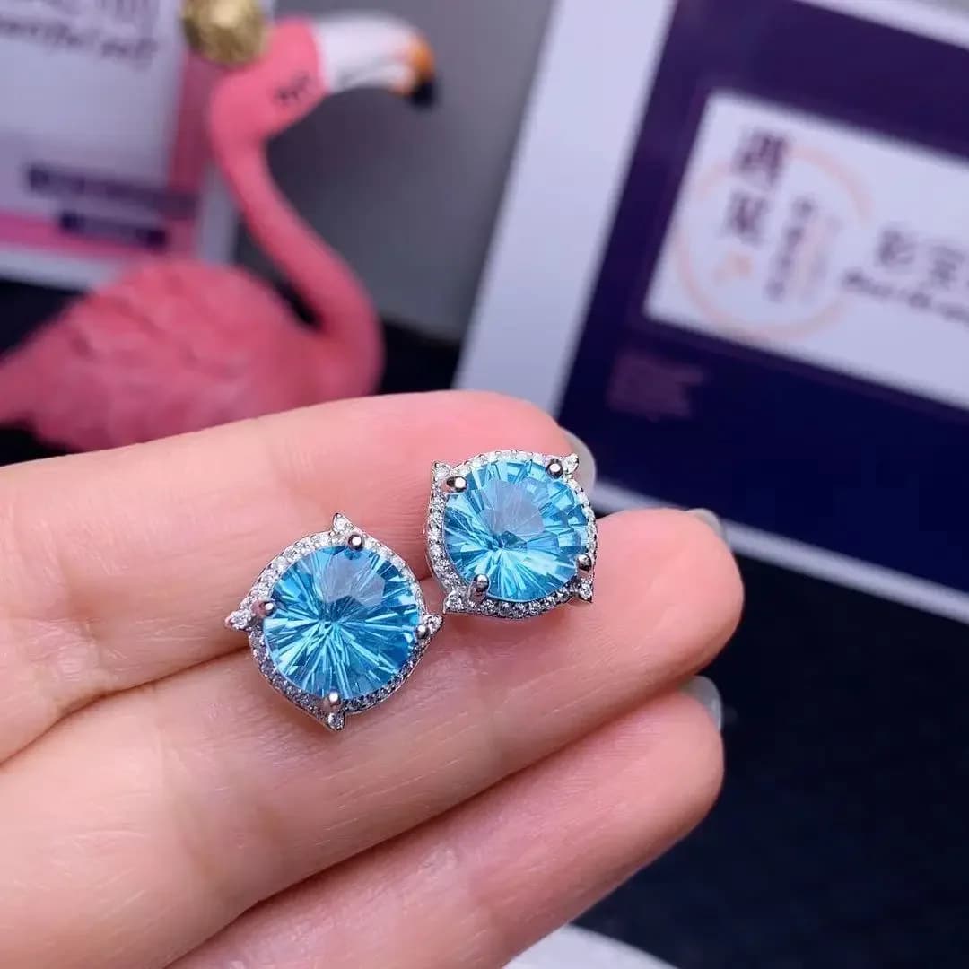 Orecchini a bottone con topazio di lusso per la festa Orecchini con topazio naturale di grado VVS da 3,5 ct 10 mm Gioielli in argento massiccio 925 con topazio azzurro
