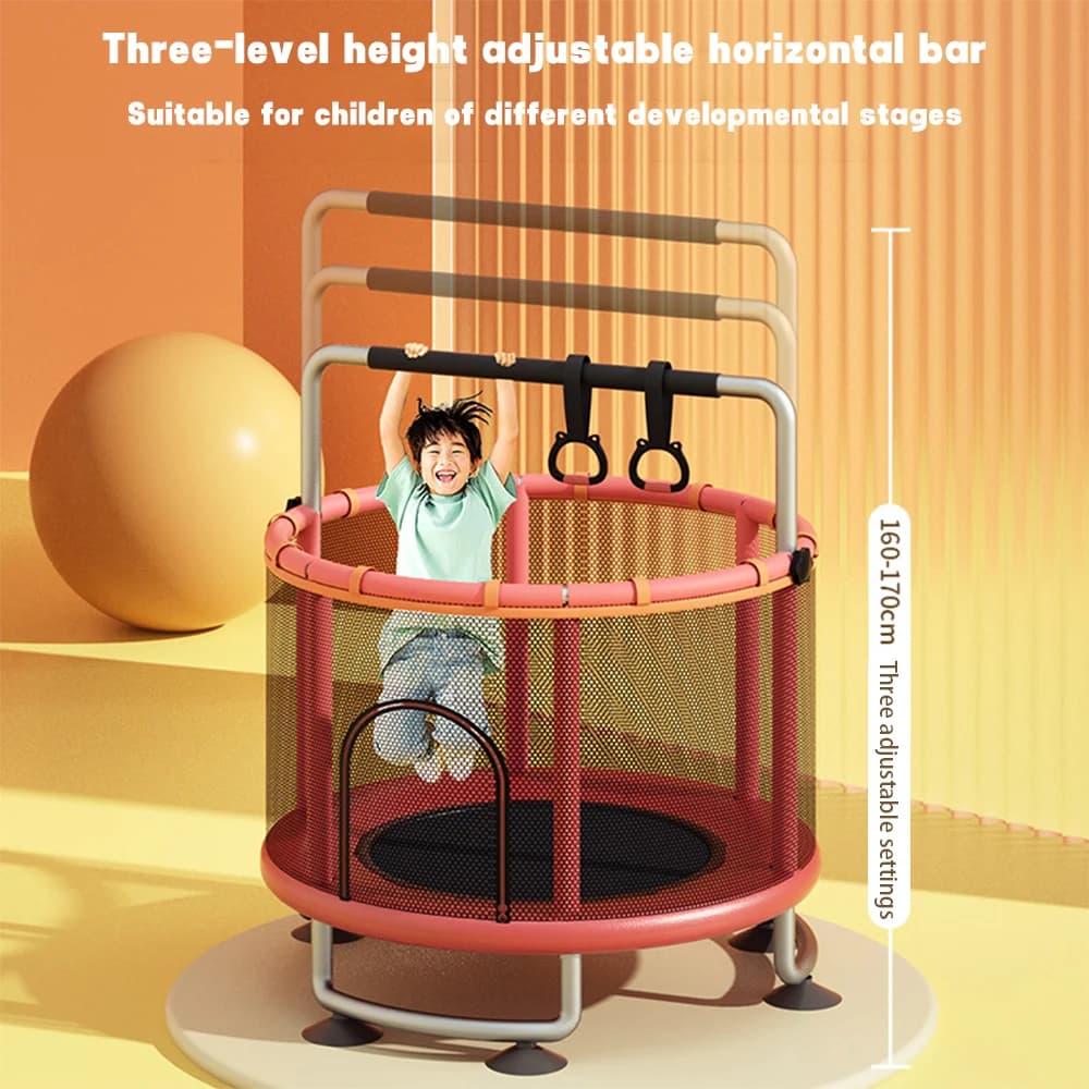 3-in-1 children's trampoline with safety net, swing, boxing bag and rings, exercise equipment and indoor and outdoor children's play