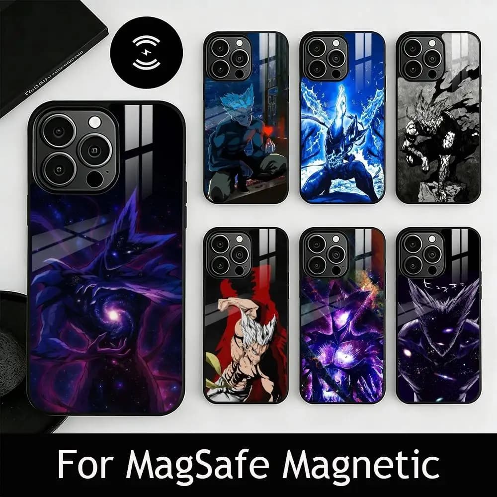 Cover per telefono O-One-Punch M-Man G-Garou per iPhone 17, 16, 15, 14, 13, 12, 11 Plus, Pro, magnetica per ricarica wireless MagSafe