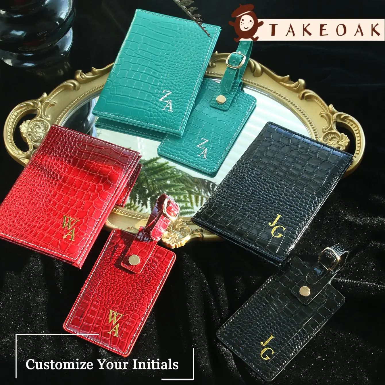 Personalized Custom Initial Gloss Croc Texture Leather Passport Wallet with Luggage Tag Set Travel Suitcase Anti-Lost Tag