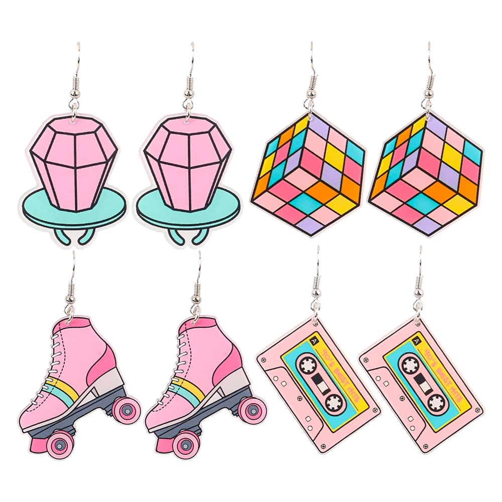 Harajuku Rubik's Cube Giochi Console Pattini da ghiaccio Orecchini in acrilico Simpatico arcobaleno con pellicola a rotolo di fulmini Nastro magnetico Orecchino Gioielli