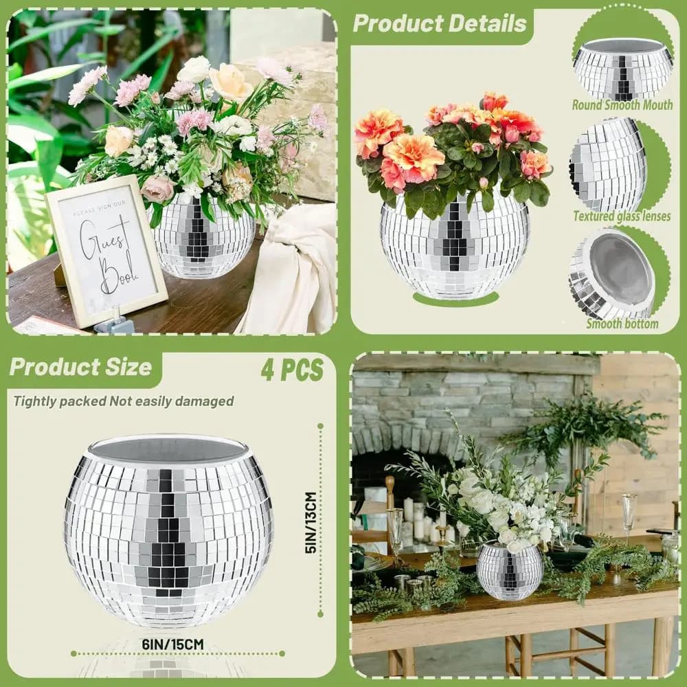 Set of 4 Vases and Candle Holders in Disco Ball, Planters 5x6 Inches - Ideal for Stays, Bedrooms, Lunch Tables, Weddings
