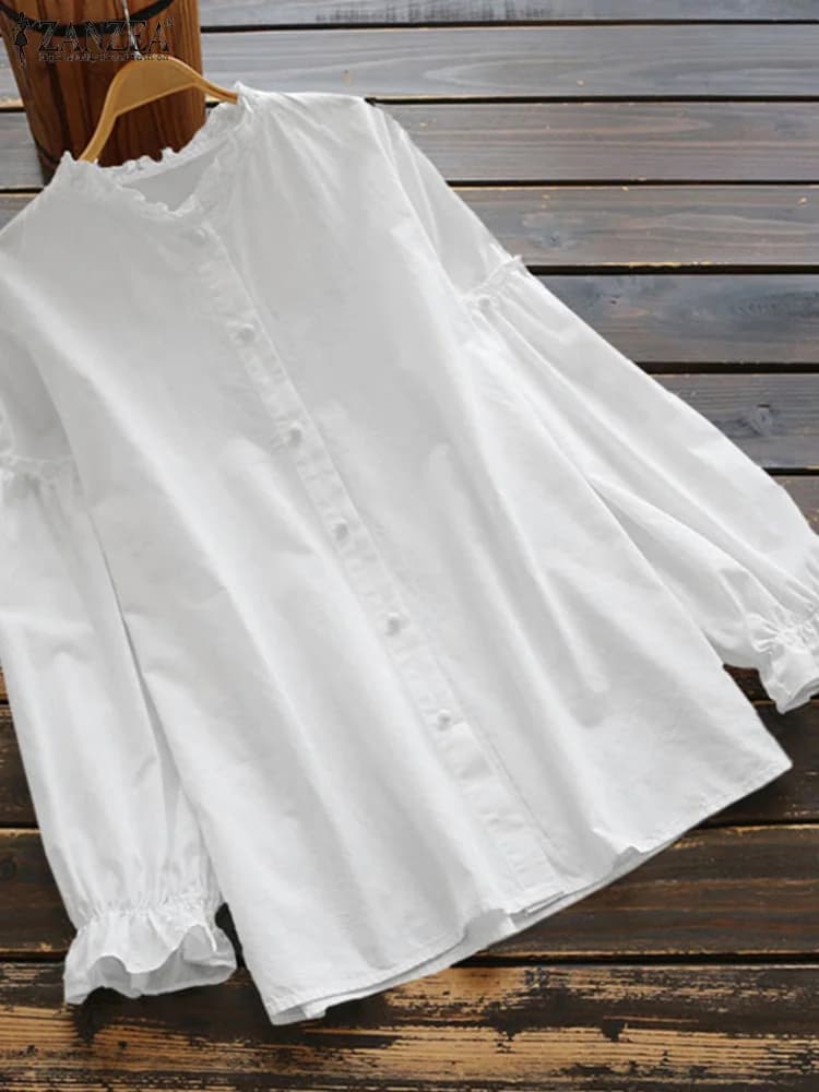2023 ZANZEA camicetta a maniche lunghe Vintage da donna camicia a balze primaverili top in cotone femminile Chemise Casual Solid Button Down Blusas