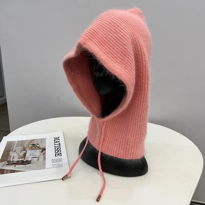 Rabbit Fur Knitted Scarf Hood Hat Women Beanies Warm Winter Unisex Balaclava Skiing Outdoor Bonnet Thick Earflap Hat Wholesale