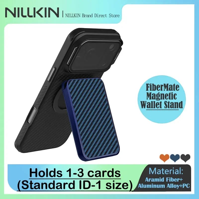 NILLKIN FiberMate Portafoglio Magnetico in Fibra Aramidica con Blocco RFID, 3 Slot per Carte, Angolo Regolabile, Supporto per Telefono
