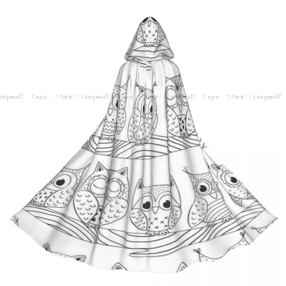 Cute Owls On Branch Pattern Cloak Hooded Cosplay Costume Halloween Adult Long Party Cape