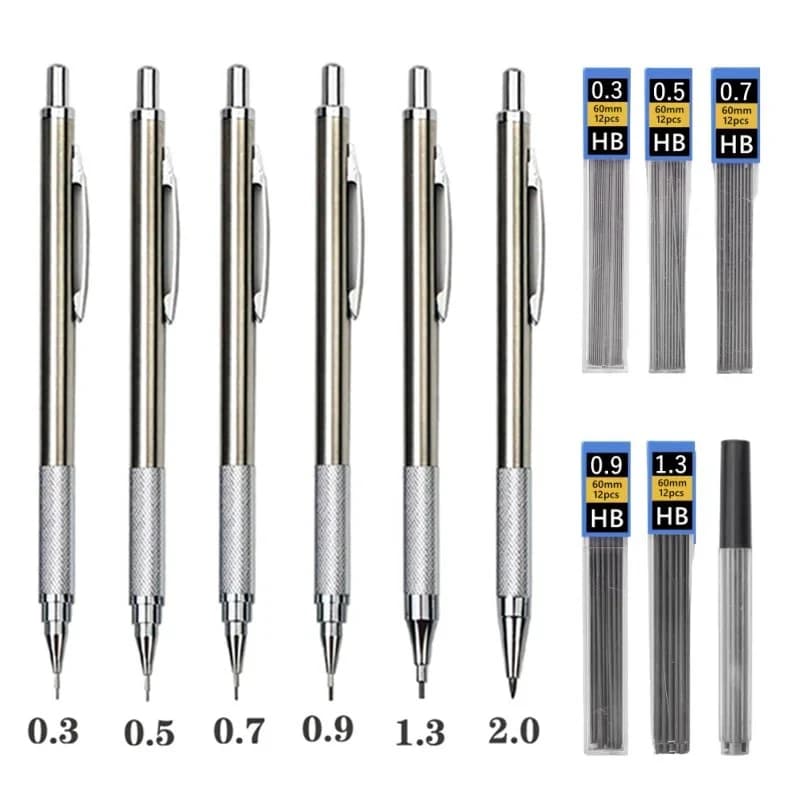 Metal Mechanical Pencil set with pencil grip Leads Art Drawing Student Office Supplies 0.3 0.5 0.9 7 1.3 2.0mm Automatic Pencil