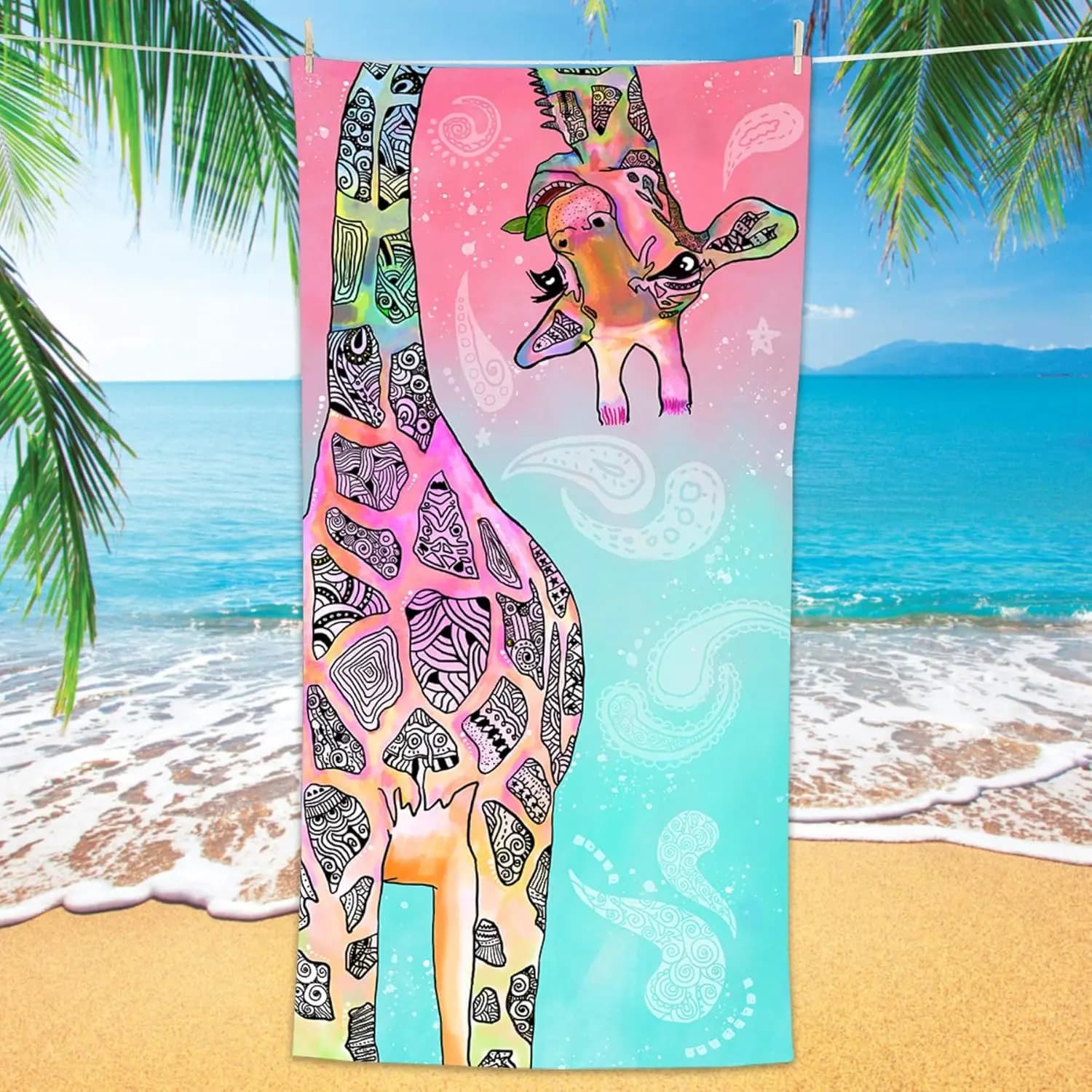 "Telo mare bonsai giraffa - Microfibra mandala verde acqua/rosa, senza sabbia ad asciugatura rapida per yoga, viaggi e bambini, regalo divertente