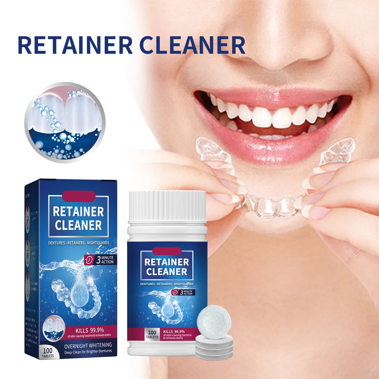 100PCS/Set Denture Cleaner Tablets Retainer False Tooth Hygiene Cleaning Tablet Removes Odor Fresh Breath For Oral Dental Appliance Care