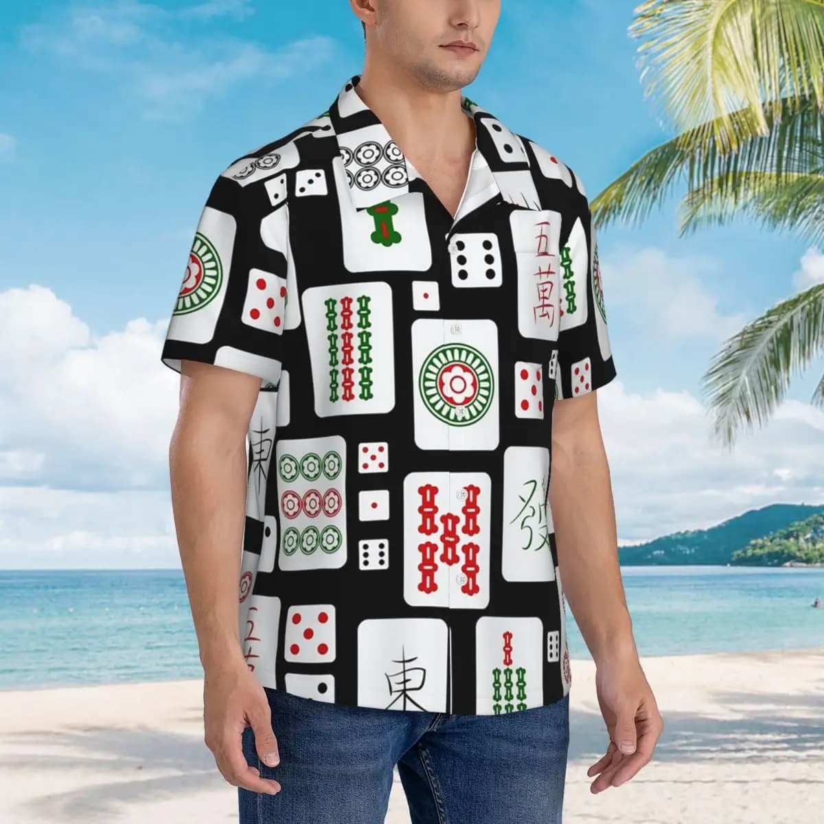 Mahjong Tiles Gioco Dice Camicie hawaiane Camicia a maniche corte da uomo divertente per top con bottoni da uomo estivi da spiaggia