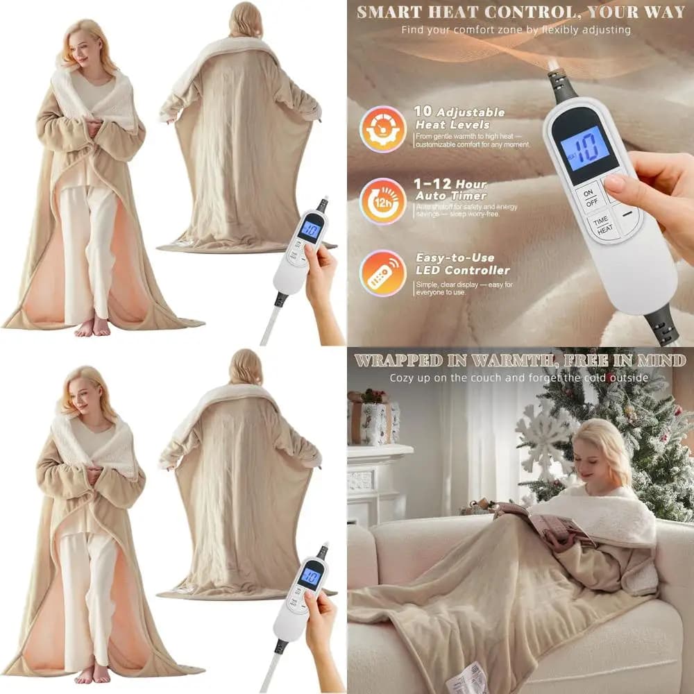 Coperta elettrica indossabile con tasche per piedi e maniche, coperta riscaldante in flanella Sherpa, 10 impostazioni di calore, spegnimento automatico 1-12 ore, 50x70 Beig