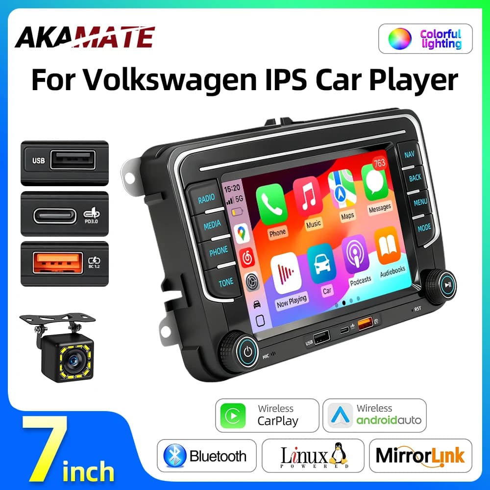 Autoradio da 7 pollici per VW con CarPlay wireless, Android Auto, doppia porta USB Type-C, ricarica Bluetooth, FM per Volkswagen Polo Golf Passat MP5