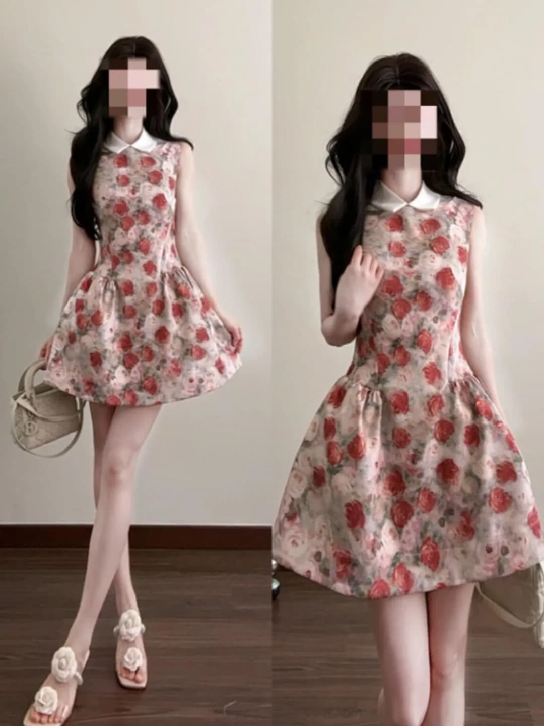 Retro Gentle Style Puffy Vest Short Skirt Unique Beautiful Print Dress Summer Season High Waist Elastic Waist Soft Fabric