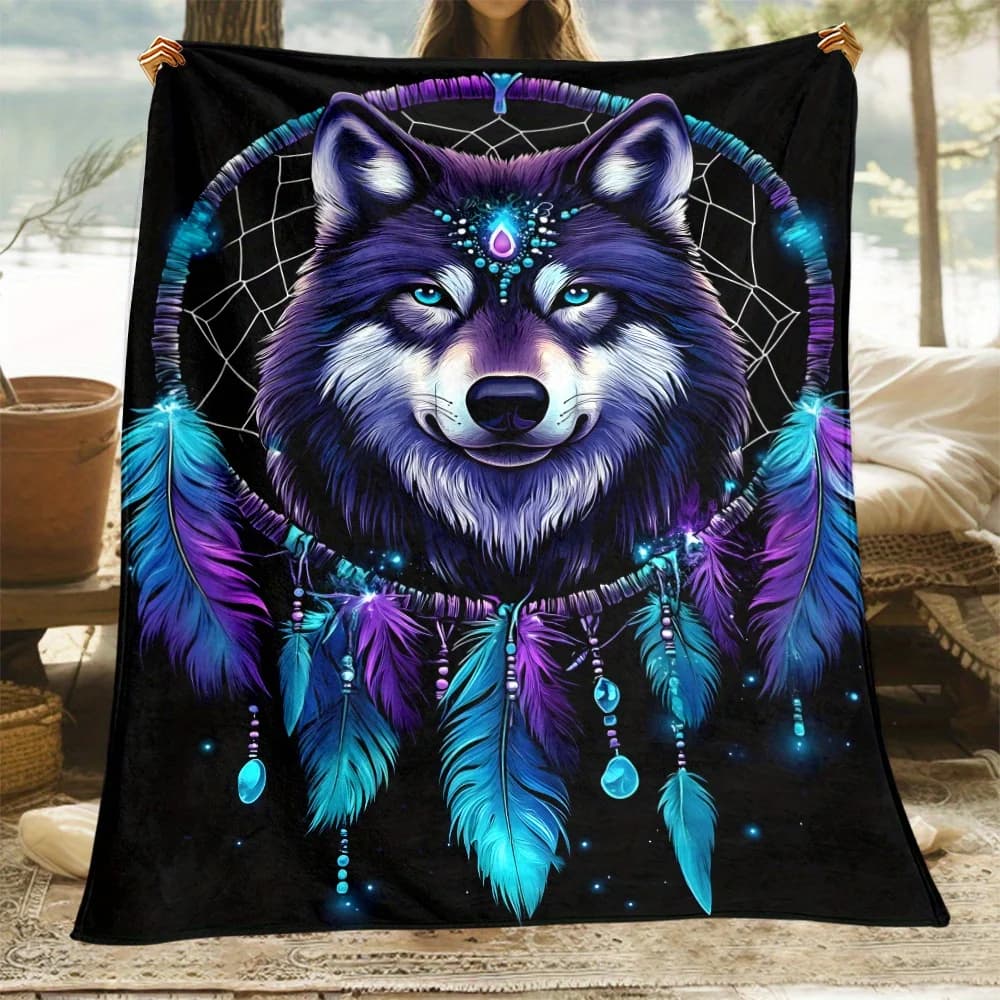 1pc Purple Wolf Dreamcatcher Feather Pattern Blanket Flannel Spiritual Boho Style Throw Gift for Nature Lovers Mystical Design