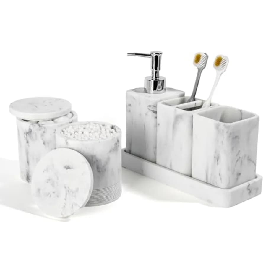 Set di Accessori per Bagno 6 Pezzi con Portaspazzolini, Dispenser Sapone, Vassoio, Bicchiere, Contenitori per Bastoncini di Cotone