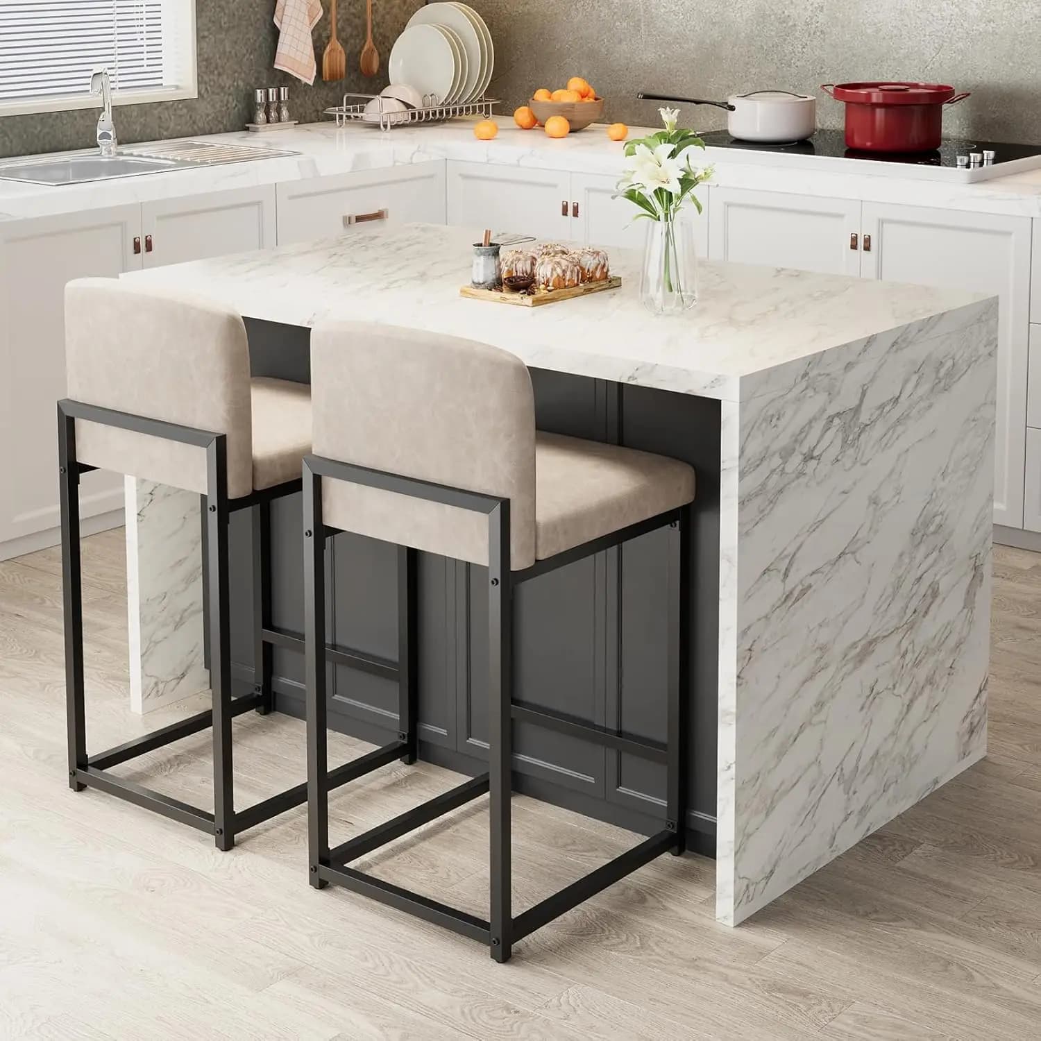 Set di 2 Sgabelli da Bar per Casa, Sgabelli Moderni Alti con Schienale e Poggiapiedi, Sedie Imbottite in Ecopelle