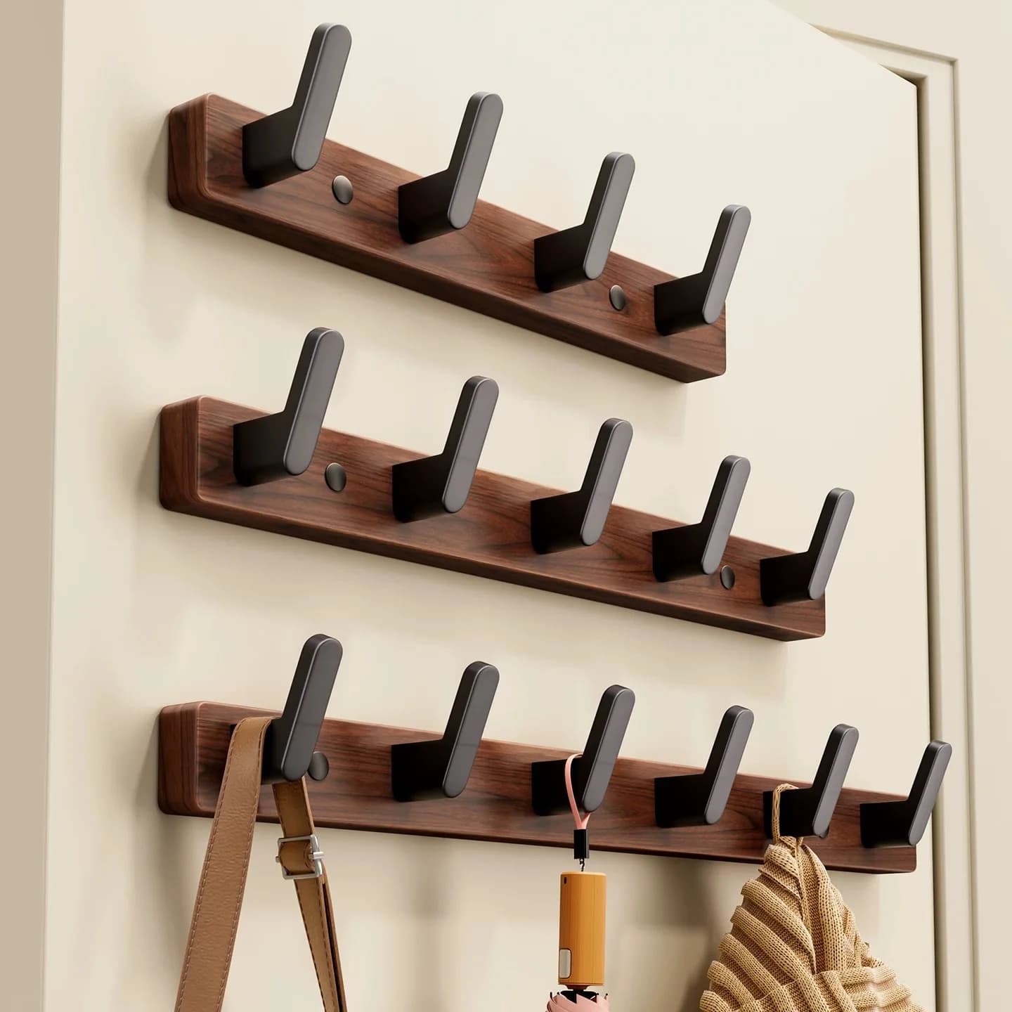 Walnut Wood Hooks Drilled or Drill-free Clothes Hanger Wall Mounted Coat Hook Key Holder Hat Scarf Handbag Storage Bathroom Rack