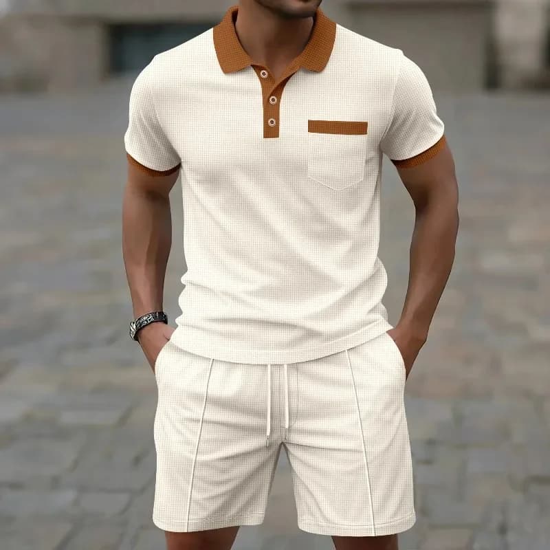 Nuovo Completo Estivo da Uomo: Camicia a Maniche Corte con Colletto Waffle, Tasca sul Petto e Bottoni, Abbinamento di Colori, e Pantaloncini