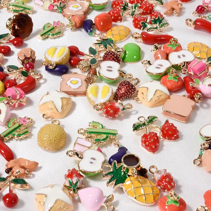 6pcs/Lot 3D Vegetable Fruit Oil Drop Charms For Jewelry Making Supplies Cherry Durian Cute Pendant Handmade Bracelets Materials