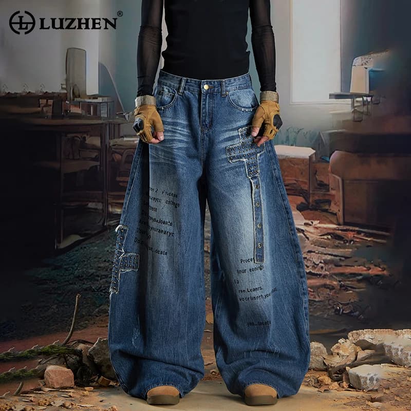 LUZHEN 2025 Nuovo originale personalizzato patchwork design vintage jeans dritti uomo elegante streetwear pantaloni in denim a gamba larga JY5132