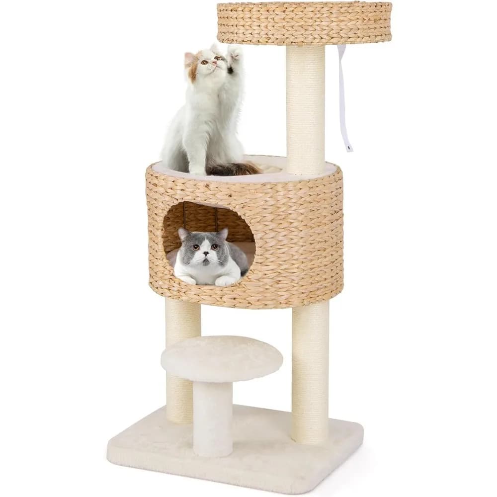 Albero per gatti moderno Tangkula, torre per gatti multilivello da 41 pollici con cattail Fluff e persico superiore, giocattolo sospeso, letto, cuscino rimovibile