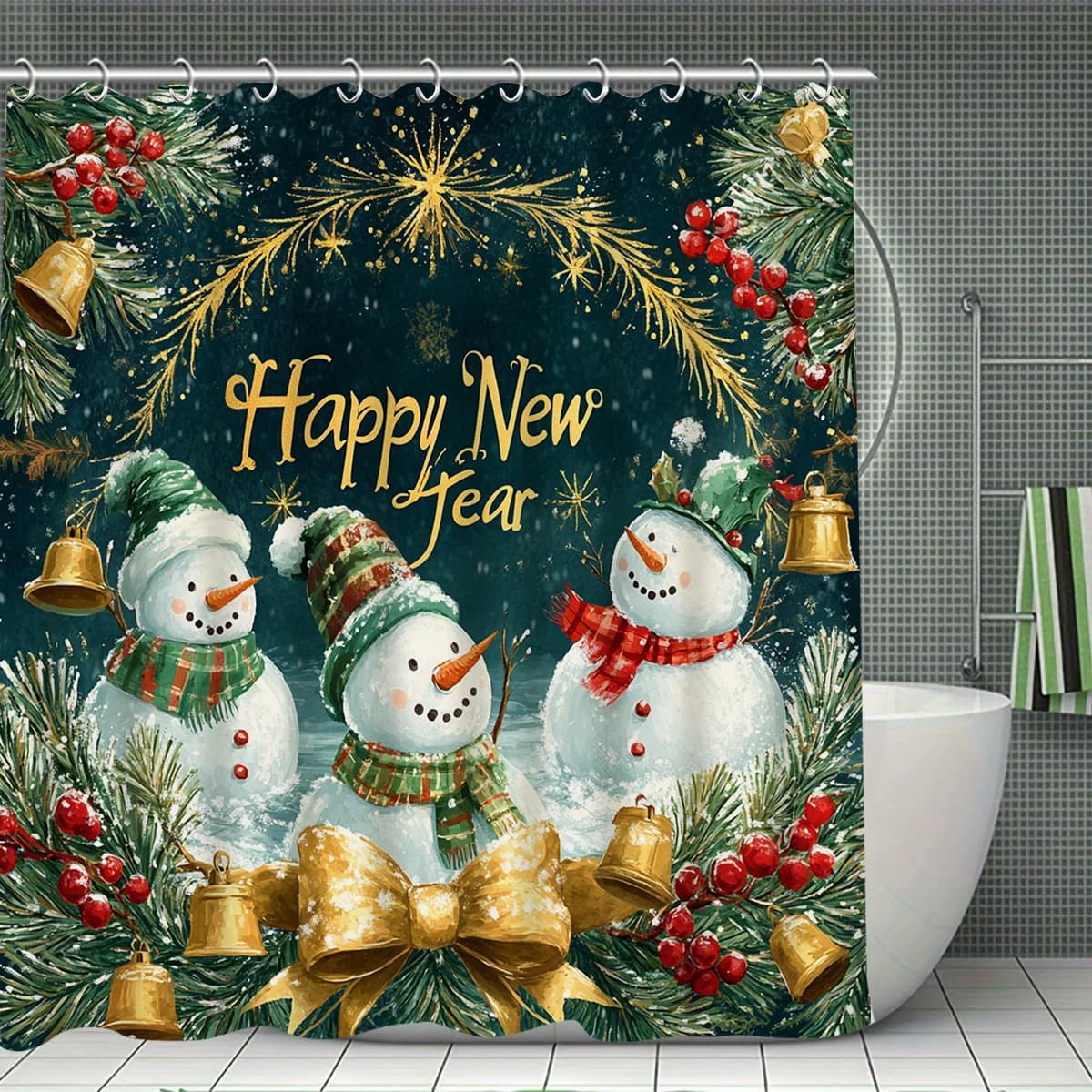 Christmas Happy New Year 4pcs Christmas Decorations Shower Curtain Set, Waterproof Shower Curtain, Bathroom Carpet, Toilet