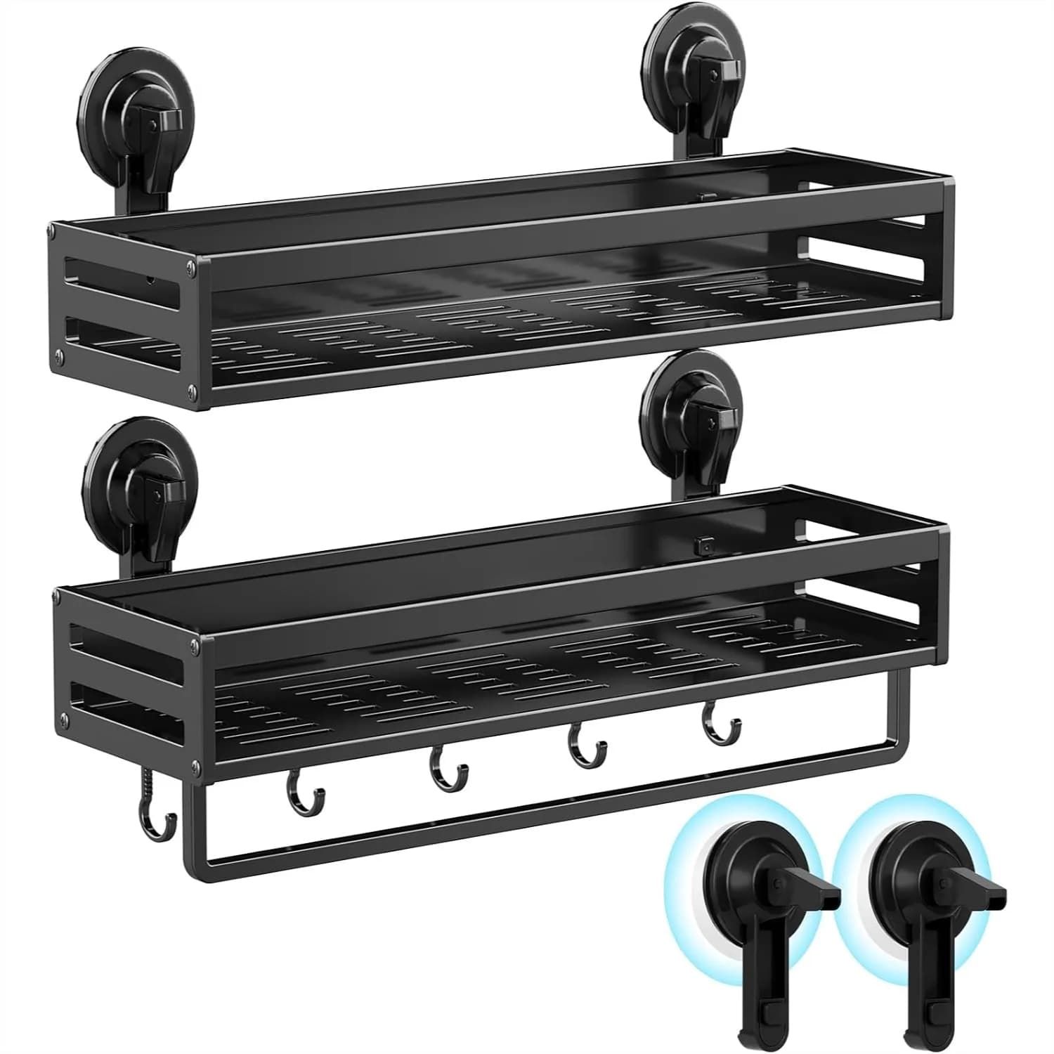 Organizer doccia a ventosa, estensibile 15,7 pollici, 5 ganci e portasciugamani, senza foratura, resistente alla ruggine, con 2 ventose extra