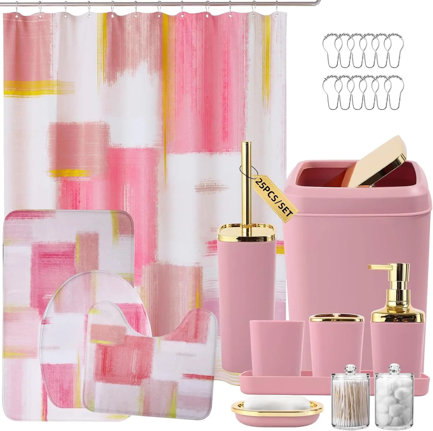 Set of Pink and Gold Bath with Shower Curtain, Carpets, Basket, Dispenser Flavor for Home Furniture