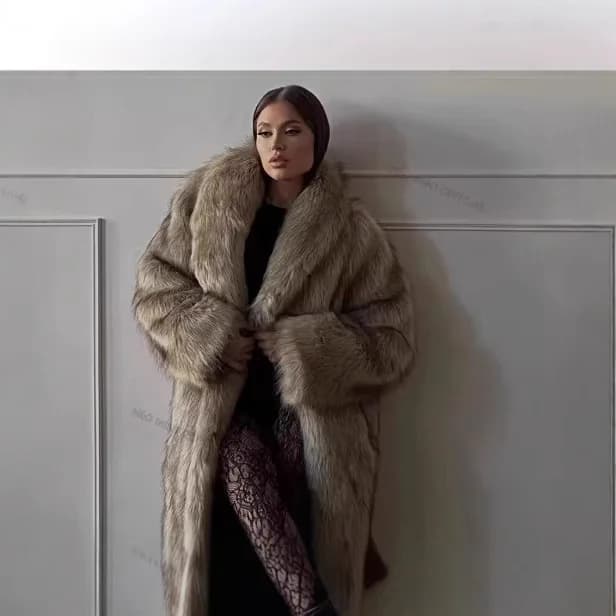 KIDCRKJ Women's Winter Coat in Faux Furskin with Big Shocked Collar, Long Oversize Coat in Faux Visone Skin, Women's Fashion