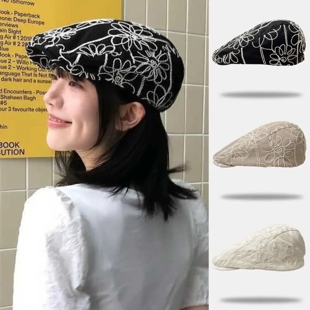 Fashion Retro Forward Cap Flower Embroidery Casual Versatile Beret Sweet Spicy Korean Style British Hat For Lady Girl